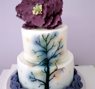 Tarta Fondant Arbol y Flores Lilas