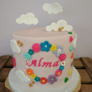 Tarta Fondant Flores y Nuves
